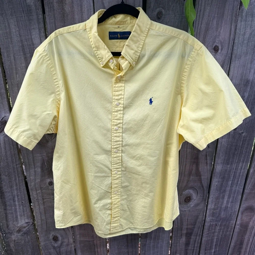 Polo Ralph Lauren Button Down Shirt Mens XL Yellow Cotton Short Sleeve Pony